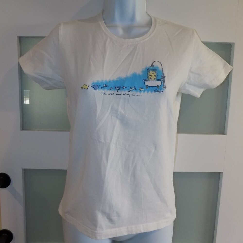 ADIDAS THE BEST PART OF MY RUN.... WHITE T-SHIRT SIZE M WOMEN'S (RUNS SMALL)